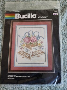 Bucilla Celebration Wedding Record Cross Stitch Kit - Pink, Blue, Brown